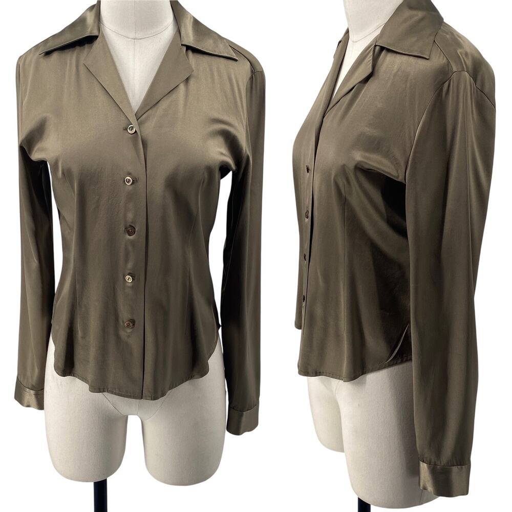 Vintage Banana Republic Stretch Silk Blouse Button Down Metallic Green Gold S